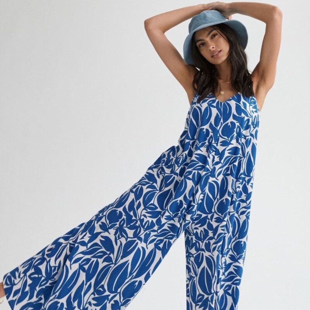 Anthropologie Traffic People Roamer Romper Wide Leg Jumpsuit in Blue